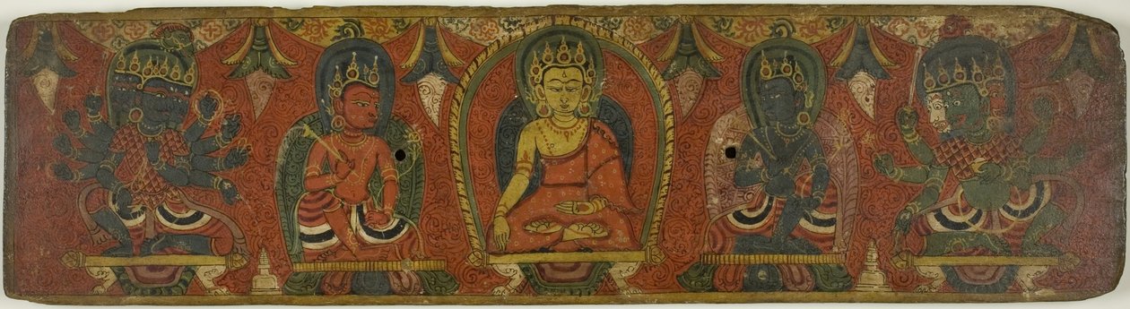 Obálka rukopisu s Buddhou, dvěma bódhisattvami a dvěma ochrannými božstvy (Lokapaly) od Unknown artist