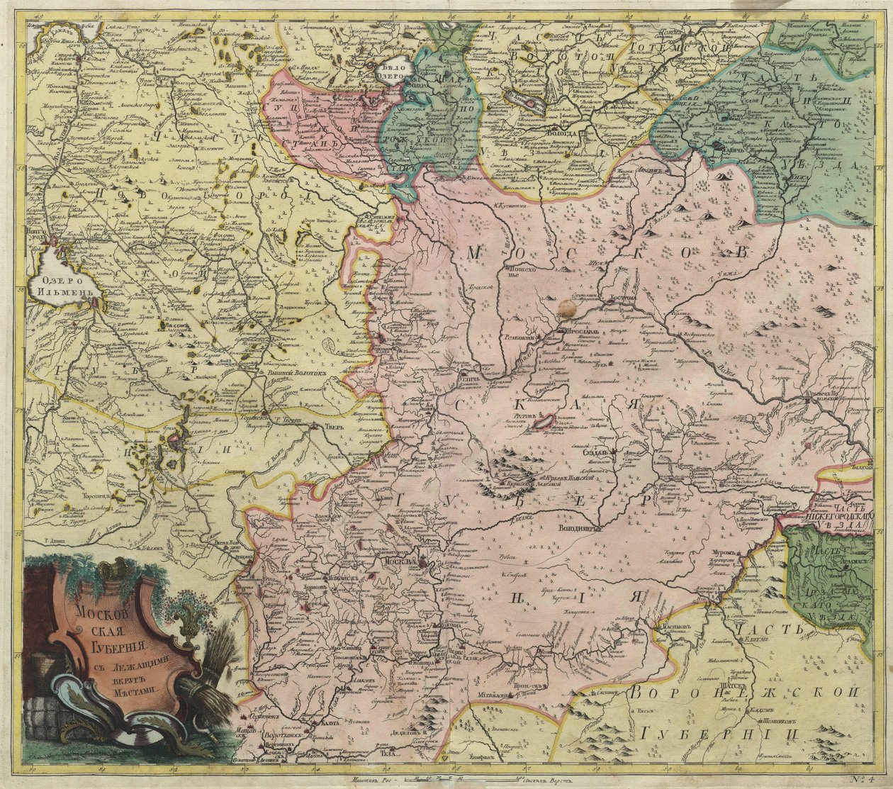 Mapa moskevského gubernia a částí nejbližších provincií - Anonymní mistr - 1745 - Mědirytina, akvarel - Akademie věd, Petrohrad od Unknown artist