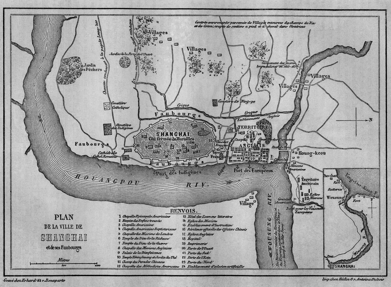 Mapa Shanghai City v roce 1860, pohled na čínské staré město a zahraniční koncese v roce 1860. Carte v „“ Le Tour du Monde, Nouveau journal des Voyages“, editoval Edouard Charton, Paříž od Unknown artist