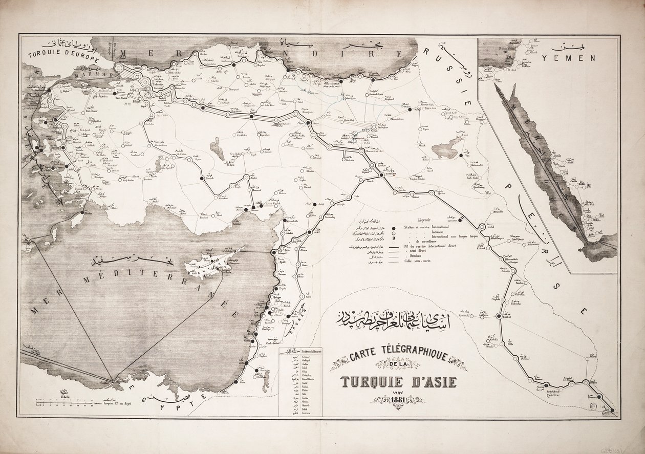 Mapa Turecka s telegrafními kabely a stanicemi od Unknown artist