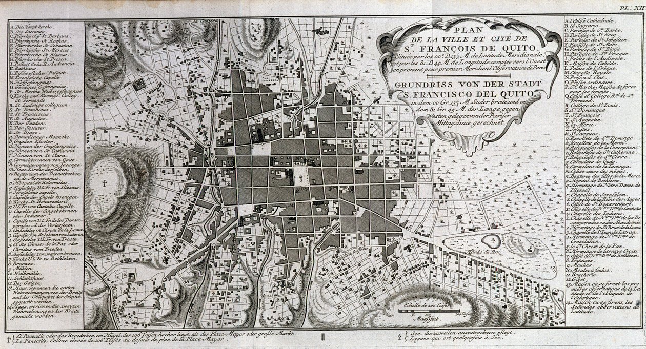 Mapa města a města St François de Quito - v „“Historická cesta Jižní Ameriky provedená řádem španělského krále od Dona George Juana a Dona Antoina de Ulloa“, T.1, v C.A. Jombert, Librairie du Roi, Paříž od Unknown artist