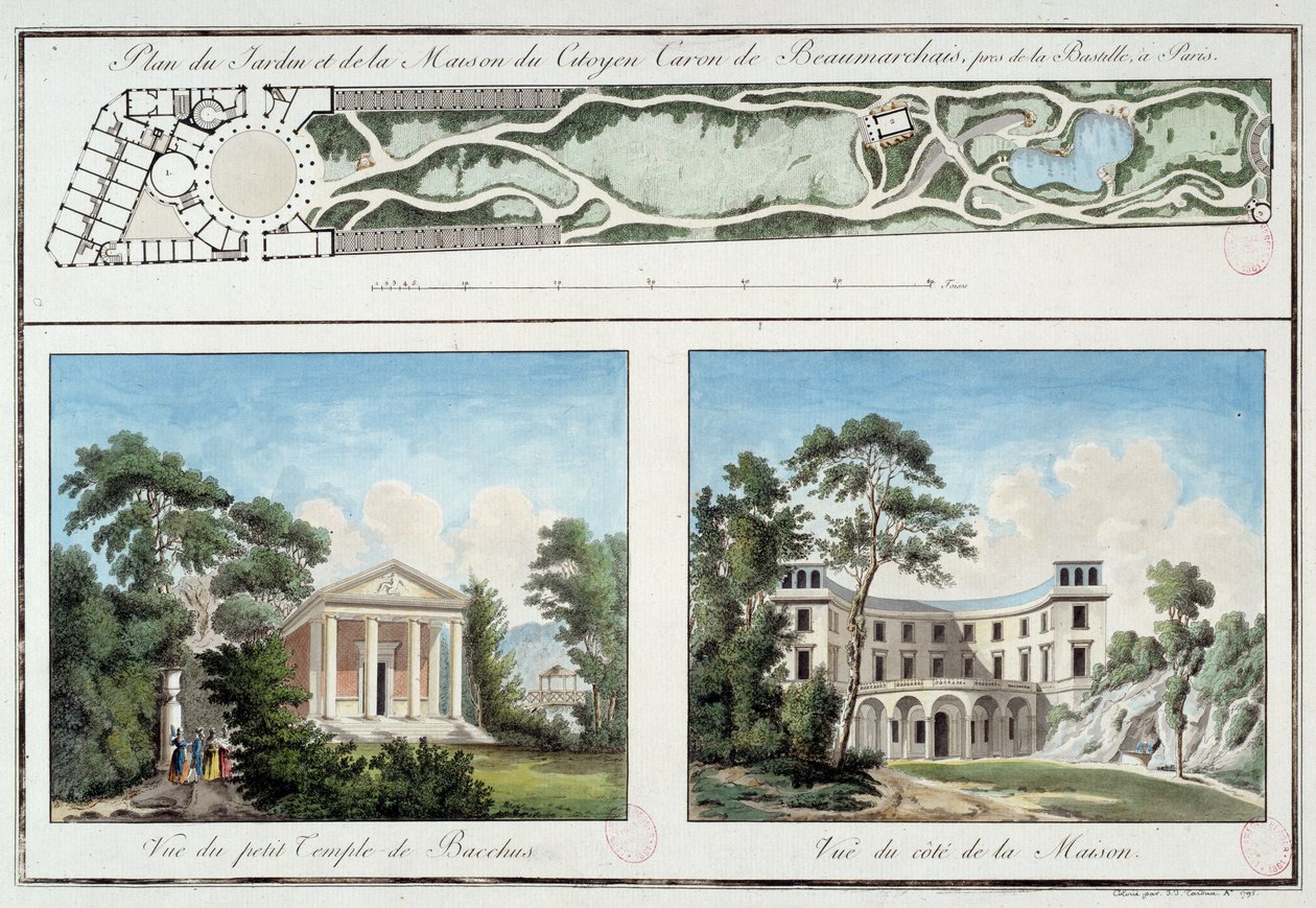 Mapa zahrady a domu francouzského spisovatele a dramatika Pierra Augustina Carona de Beaumarchais (1732-1799) na současném Boulevard Beaumarchais v Paříži. Rytina kolem roku 1795 Paříž, Musee Carnavalet od Unknown artist