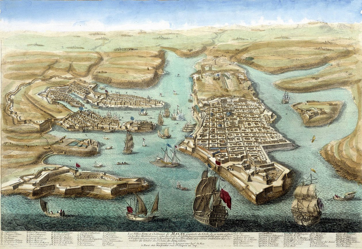 Mapa maltského přístavu, jeho opevnění a hradu. 18. století rytina. od Unknown artist