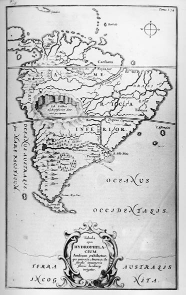 Mapa řek Jižní Ameriky - v „The Sousterrain World“, Athanasi Kireheri, kolem roku 1600. od Unknown artist