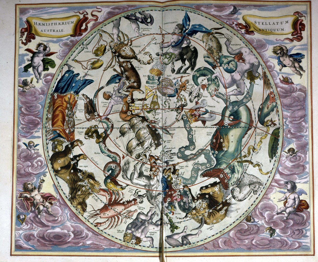 Mapa oblohy a znamení zvěrokruhu - faksimile starověké kompozice představující souhvězdí jižní oblohy podle „Harmonia Macrocosmica“ od André Cellariuse od Unknown artist