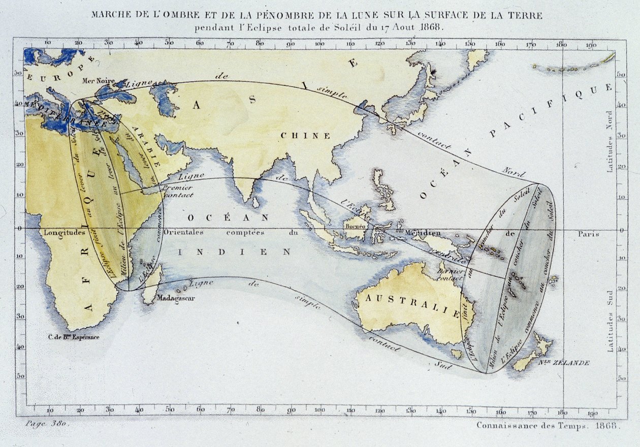 Mapa, publikovaná Bureau of Longitudes, ukazující pochod stínu a temnoty Měsíce na zemském povrchu během zatmění v roce 1868 od Unknown artist