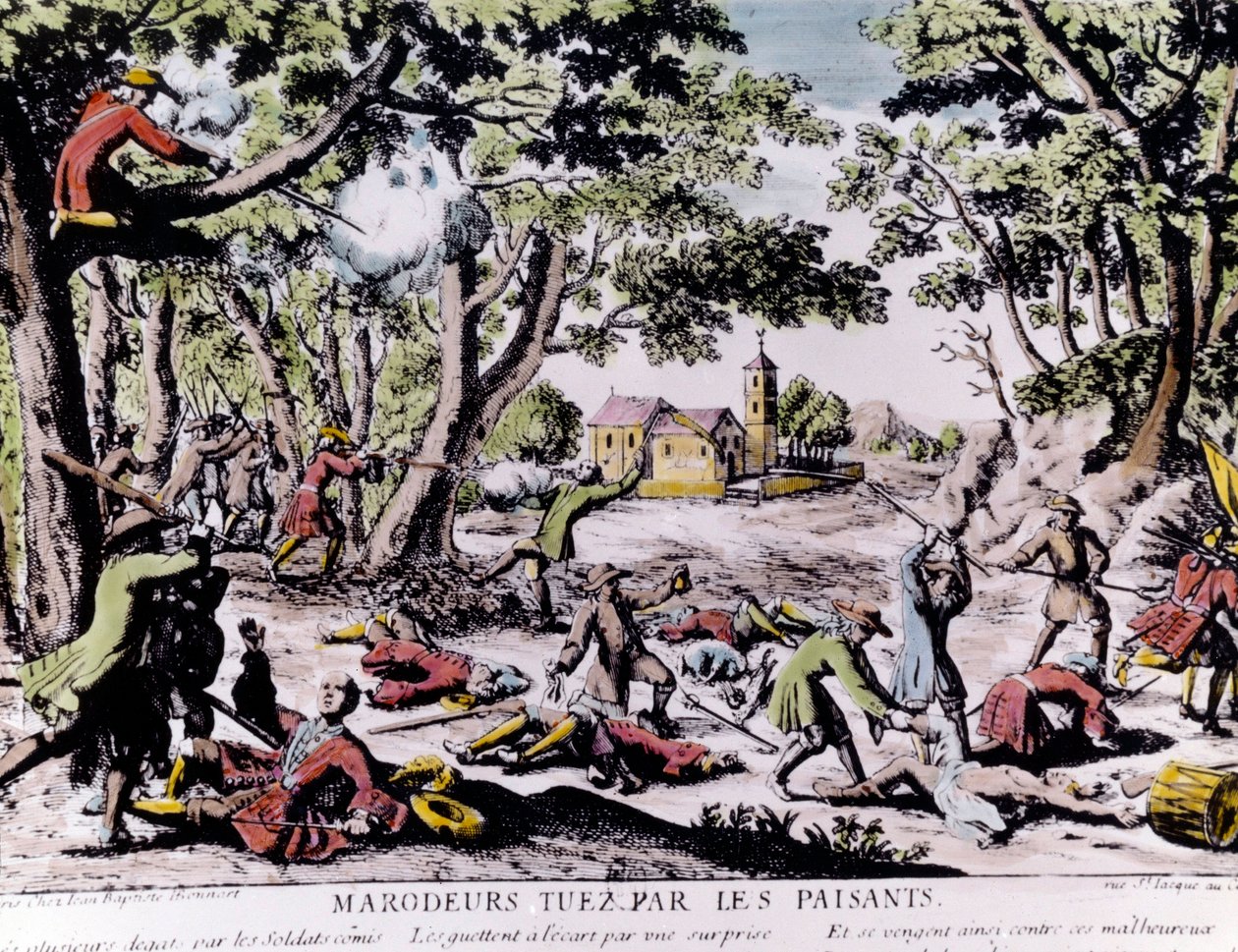 Nájezdníci zastřelení rolníky. Tisk 18. století Paris, B.N. od Unknown artist