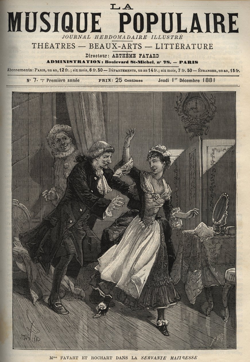 Marie Justine Benoite Duronceray, zvaná Madame Favart, a Rochart (Rochard) v „Servante Maitresse“ (Serva padrona) od Pergolese (Giovanni Battista Pergolesi) – rytina v proslulém týdeníku „“Populární hudba””” - 1882 od Unknown artist
