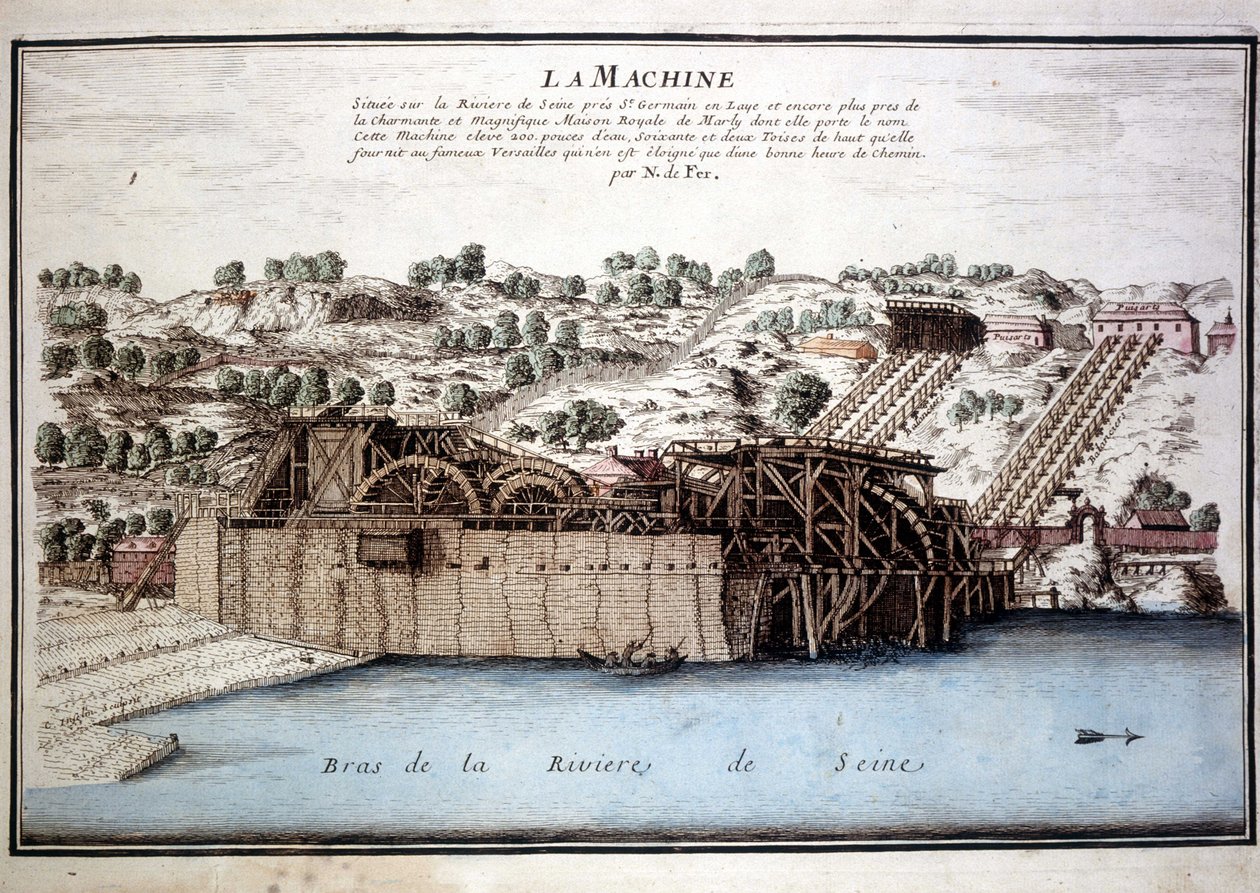 Stroj Marly de Rennequin používal k pohonu vod Seiny do Versailles přes akvadukt Marly. Rytina z roku 1700. od Unknown artist