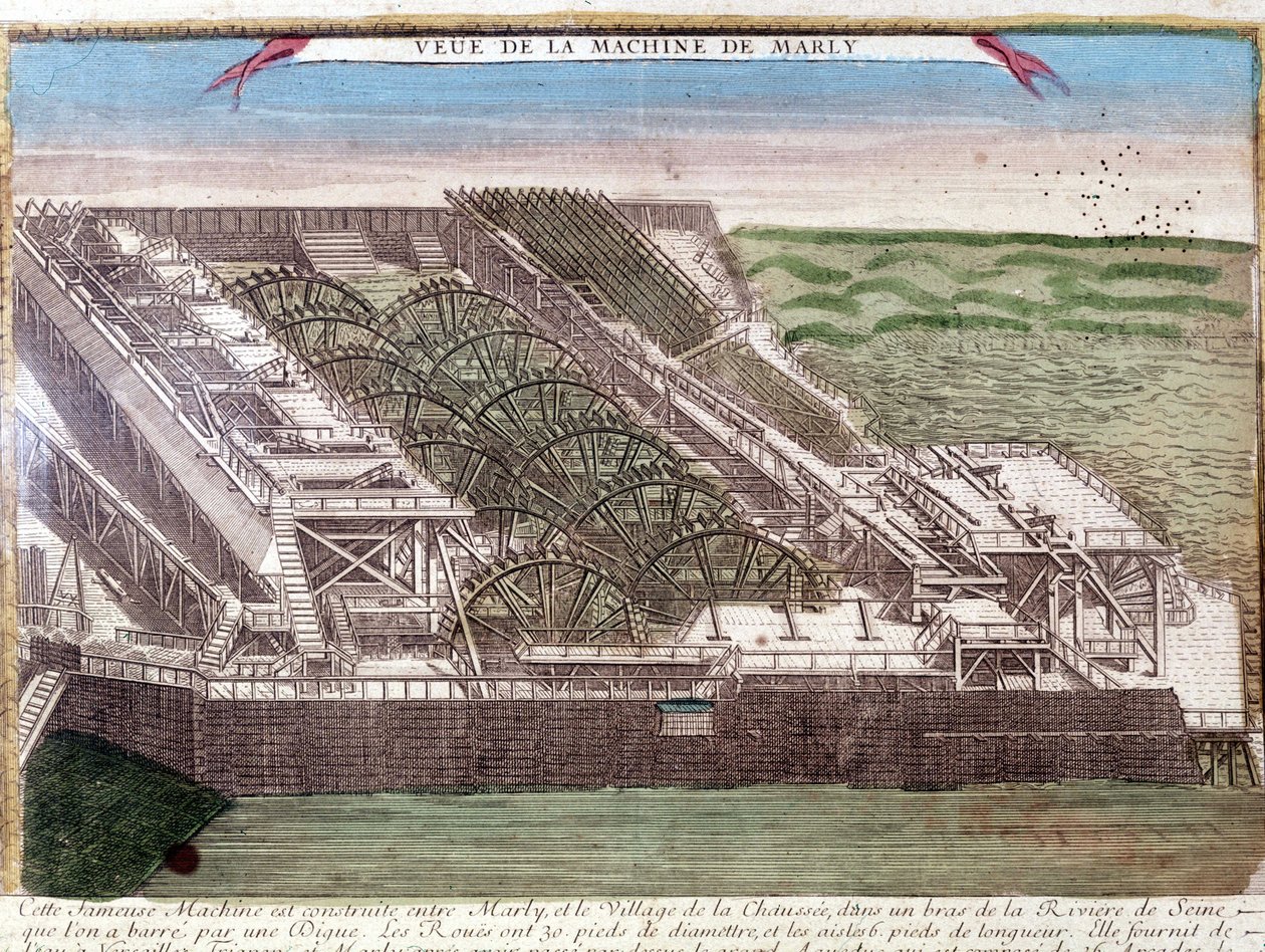 Stroj Marly de Rennequin používal k pohonu vod Seiny do Versailles přes akvadukt Marly. Rytina 18. století. od Unknown artist