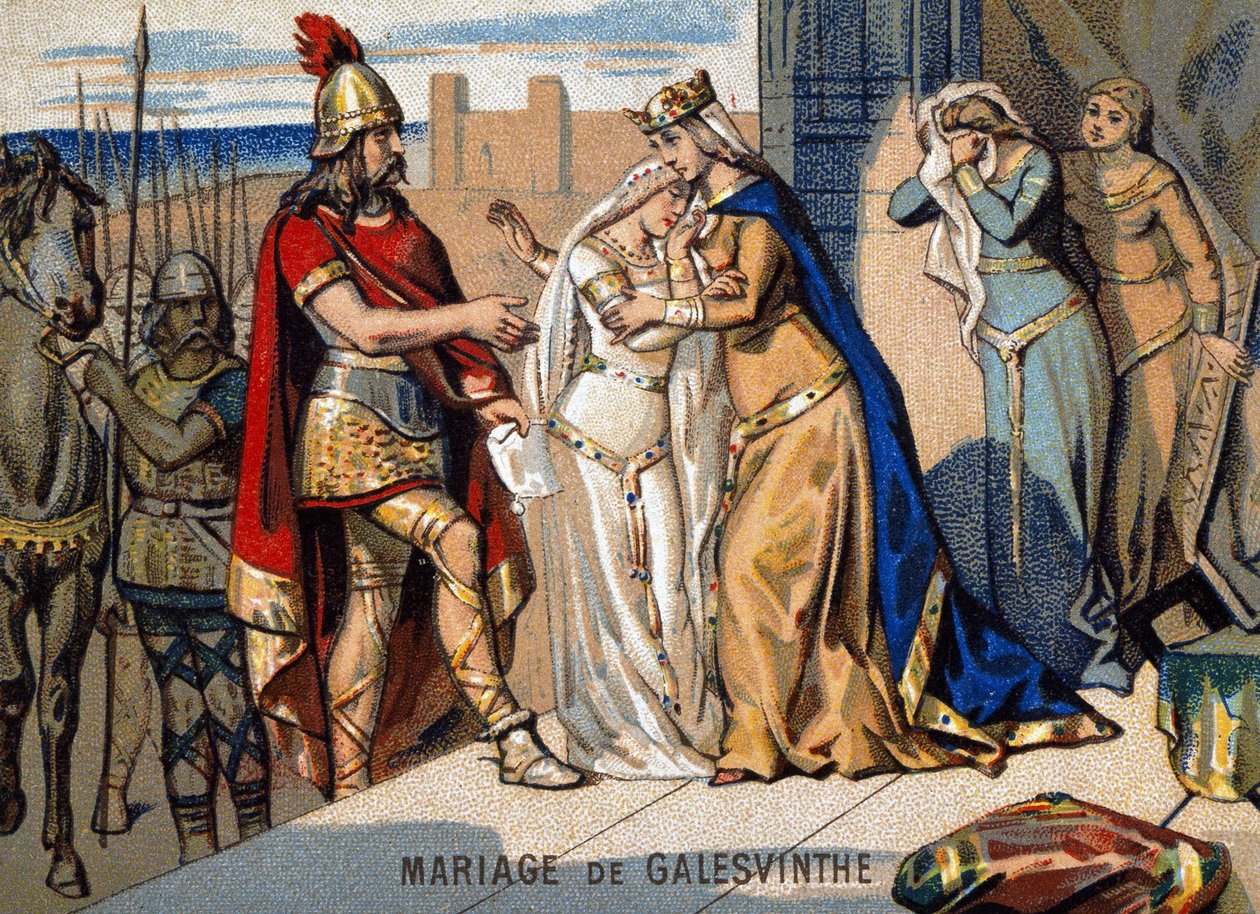 Sňatek Galeswinthe (567): odchod z Galeswinthe, aby se oženil s Chilpericem, hlavou Neustrianských franků. Chromolitografie série „“Vlastenecké učení obrazem““. od Unknown artist