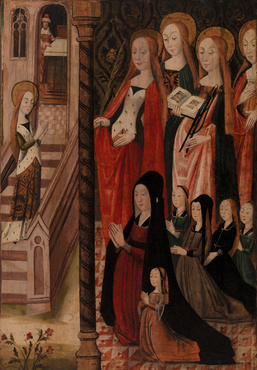 Marie jdoucí do chrámu, čtyři světice a dárkyně a její dcery od Unknown artist