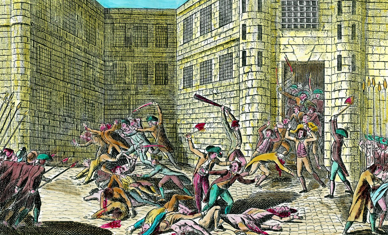 Masakr vězňů opatství Saint Germain lidmi v září 1792. Scéna francouzské revoluce. Rytina 18. století. Soukromá sbírka. od Unknown artist