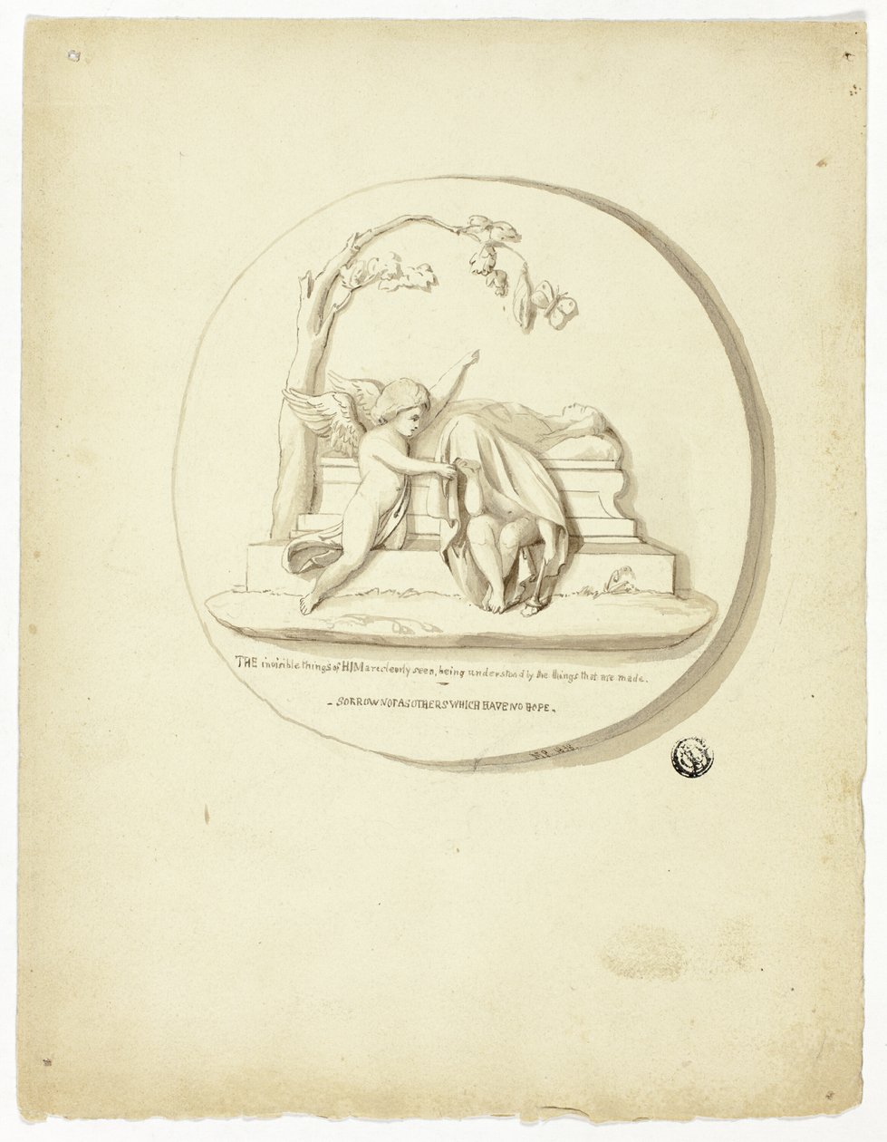 Medailon se dvěma putti vedle hrobky od Unknown artist