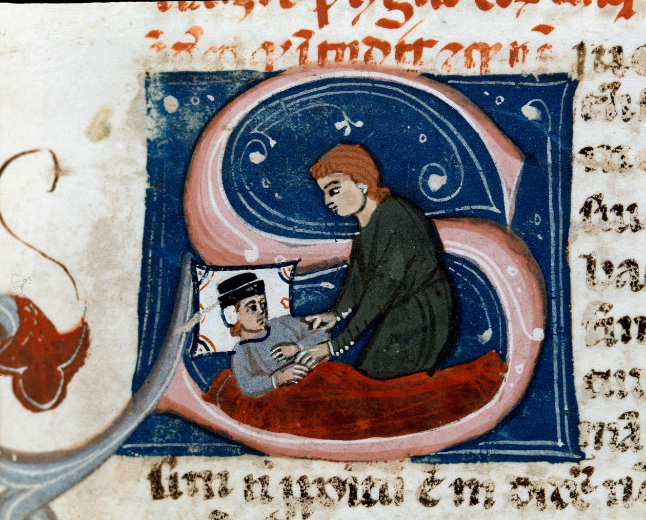 Medicína: nemocný se léčí doma. Detail. Rukopisná stránka (ms.d.xxv) „“ Treat of Galien ““ (Galenova smlouva) přeložil Nicola da Reggio, lékař filolog. Cesena ze 14. století, knihovna Malatesta od Unknown artist
