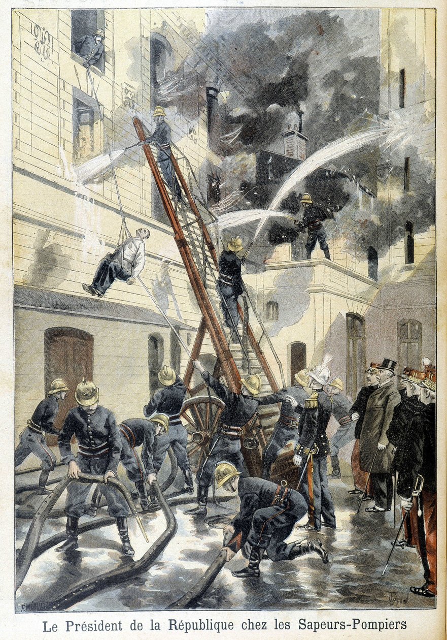 Setkání prezidenta republiky Felixe Faureho s hasiči při zásahu proti požáru. Ilustrace „malých novin“ z roku 1898. od Unknown artist