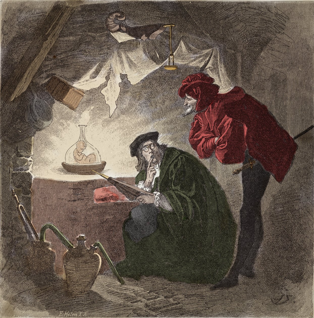 Mefistofeles (Mefisto) a Faust Ilustrace „“ Faust““ od Johanna Wolfganga von Goethe (1749-1832) (Ilustrace pro „“faust“““ od Goetha) Rytina od Unknown artist