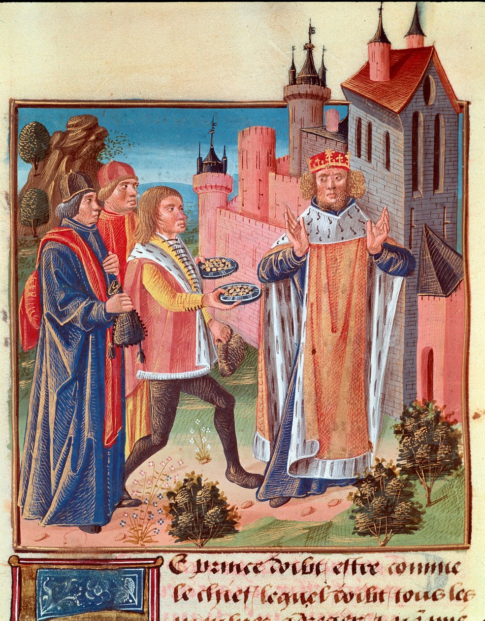 Středověk: „“ Princ dostává daně od svých vazalů“““ Miniatura převzatá z „“Knihy dobrých mravů“““ od Jakuba Velikého od Unknown artist
