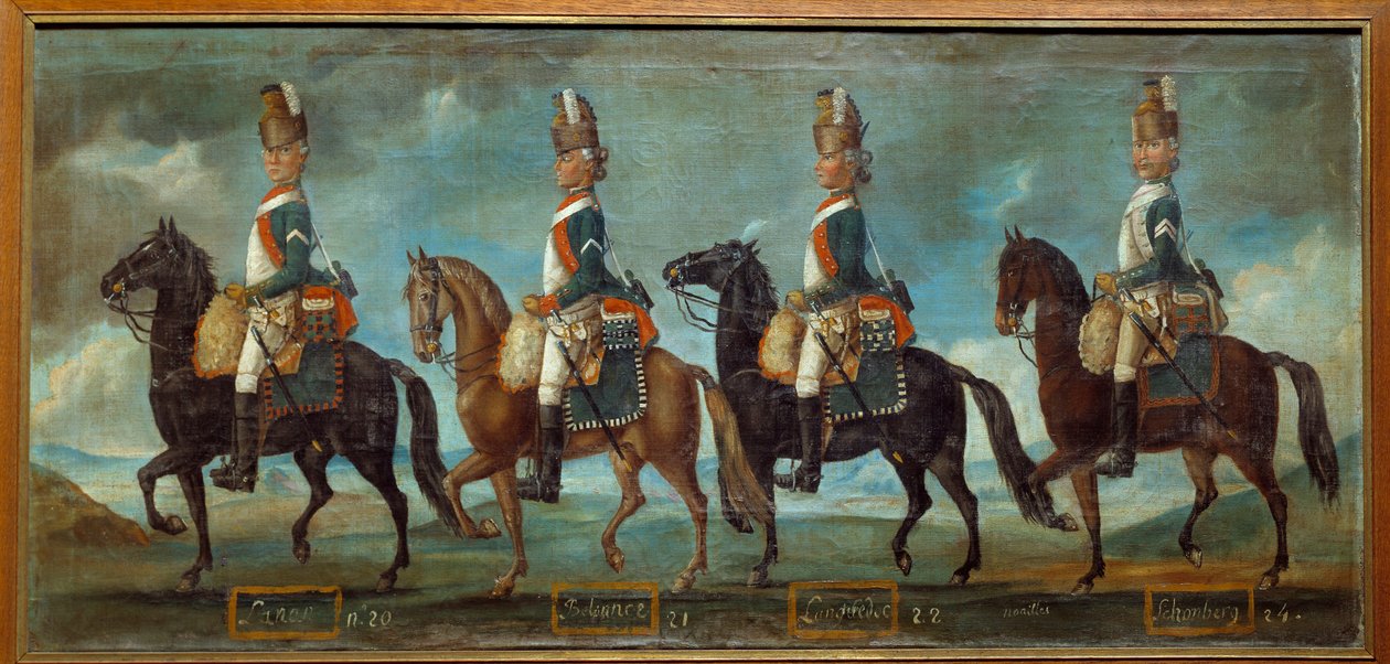 Vojenské uniformy draků, podle řádu z roku 1779: pluky Lanan (n. 20), Belsunce (n. 21), Languedoc (n. 22), Schomberg (n. 24) Anonymní obraz z roku 1779. Paříž, Musee de l