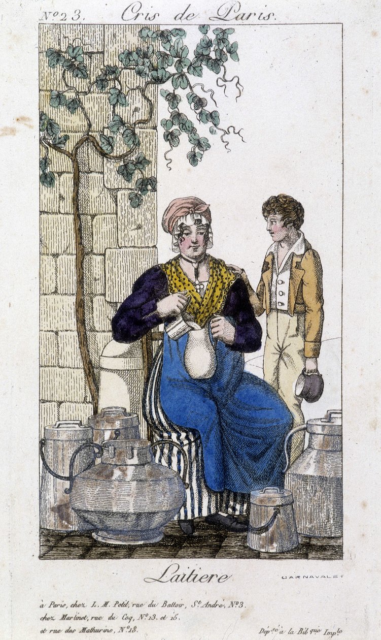 Mléko nalévání mléka do láhve pro mladého muže - v „“Cris de Paris“, deb. 19. století od Unknown artist