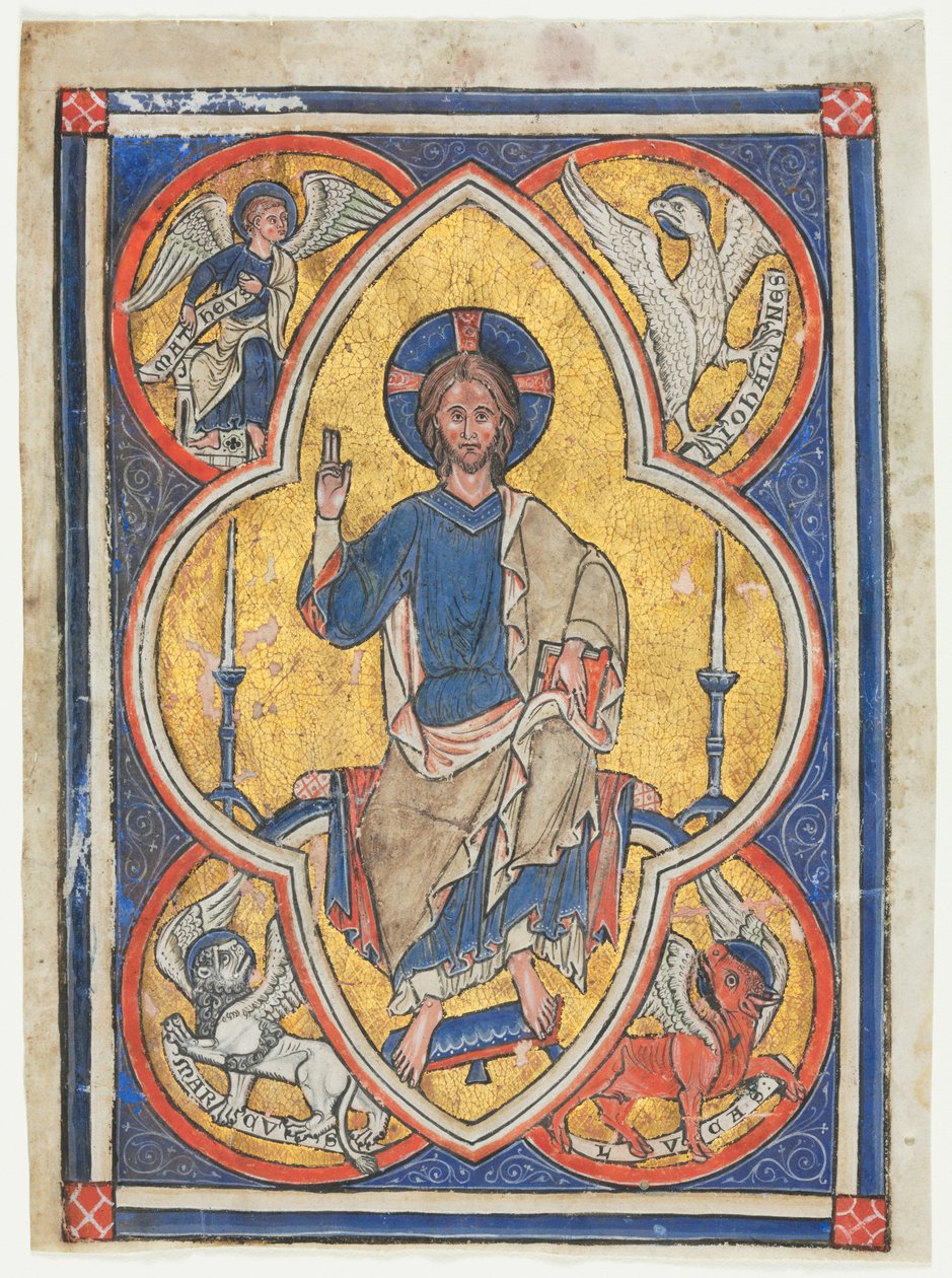 Miniatura vyříznutá z žaltáře: Kristus ve velebnosti se symboly čtyř evangelistů od Unknown artist