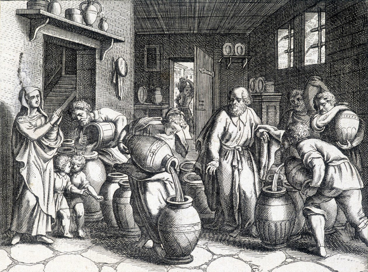Miracle of Elisee, biblický prorok a učedník Eliáše, který mu svým pláštěm zprostředkovává svého ducha a síly. Rytina z roku 1724. od Unknown artist