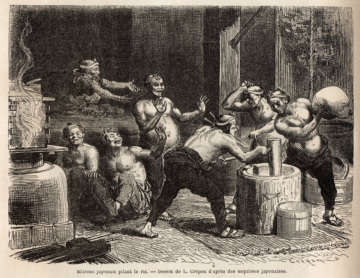 Mitrony buší rýži, než se uvaří na rýžové pivo. Rytina pro ilustraci plavby do Japonska od Aime Humberta, ministra Švýcarské konfederace, v letech 1863-1864, publikovaná v „“Le tour du monde“““ 1869, editoval Edouard Charton, vydání Hach od Unknown artist