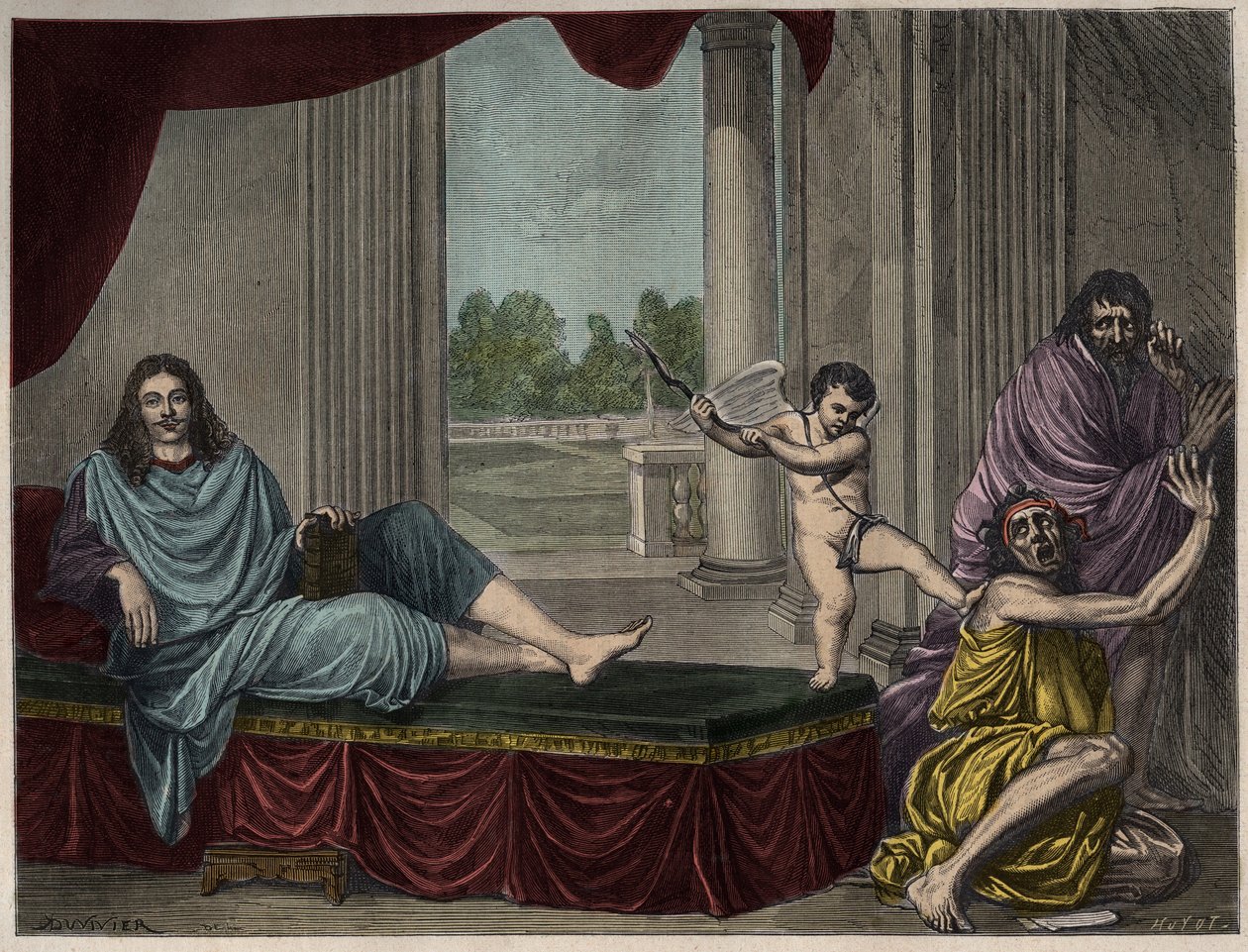 Moliere Jean Baptiste Poquelin (1622-1673) evokující džina komedie k zavržení neřesti a k odstranění pokrytectví - rytina podle obrazu, který zmizel ze 17. století od Unknown artist