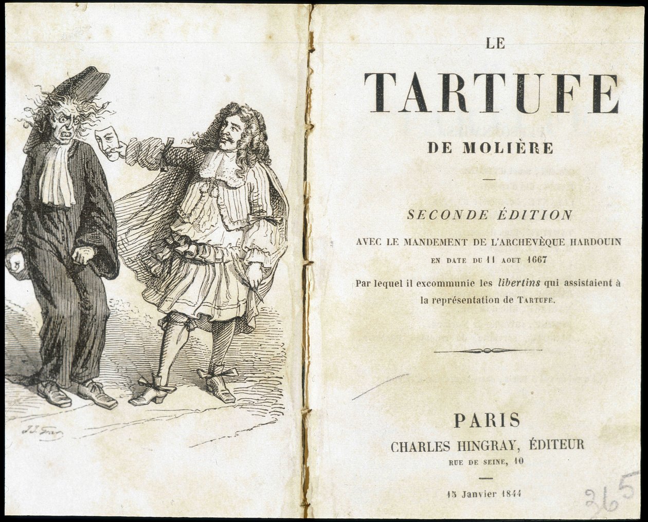 Moliere straší duchovního pomocí divadelní masky - Frontispice du “Tartuffe”” (Tartufe) de Molière, ed. Hingray, Paříž od Unknown artist