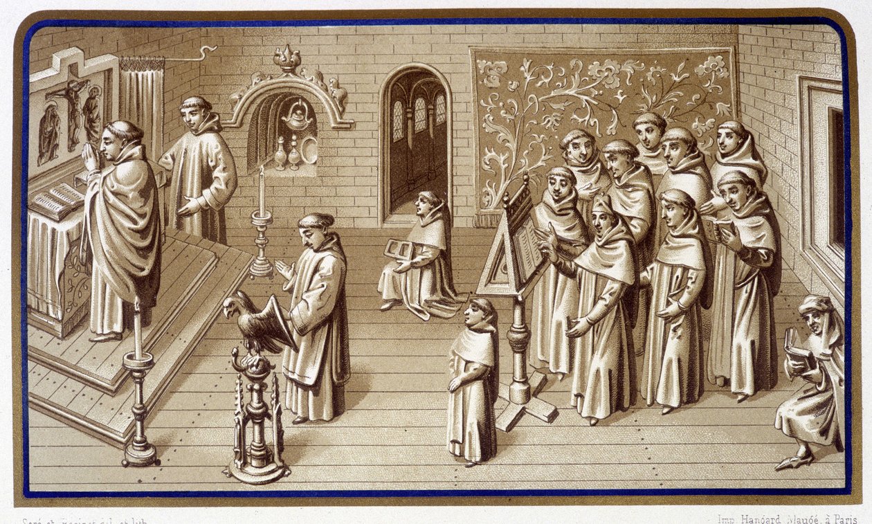 Mniši v kapli kláštera: modlitba a sbor. Grisaille ze Zázraků Panny Marie. Chromolitografie. 19. století od Unknown artist