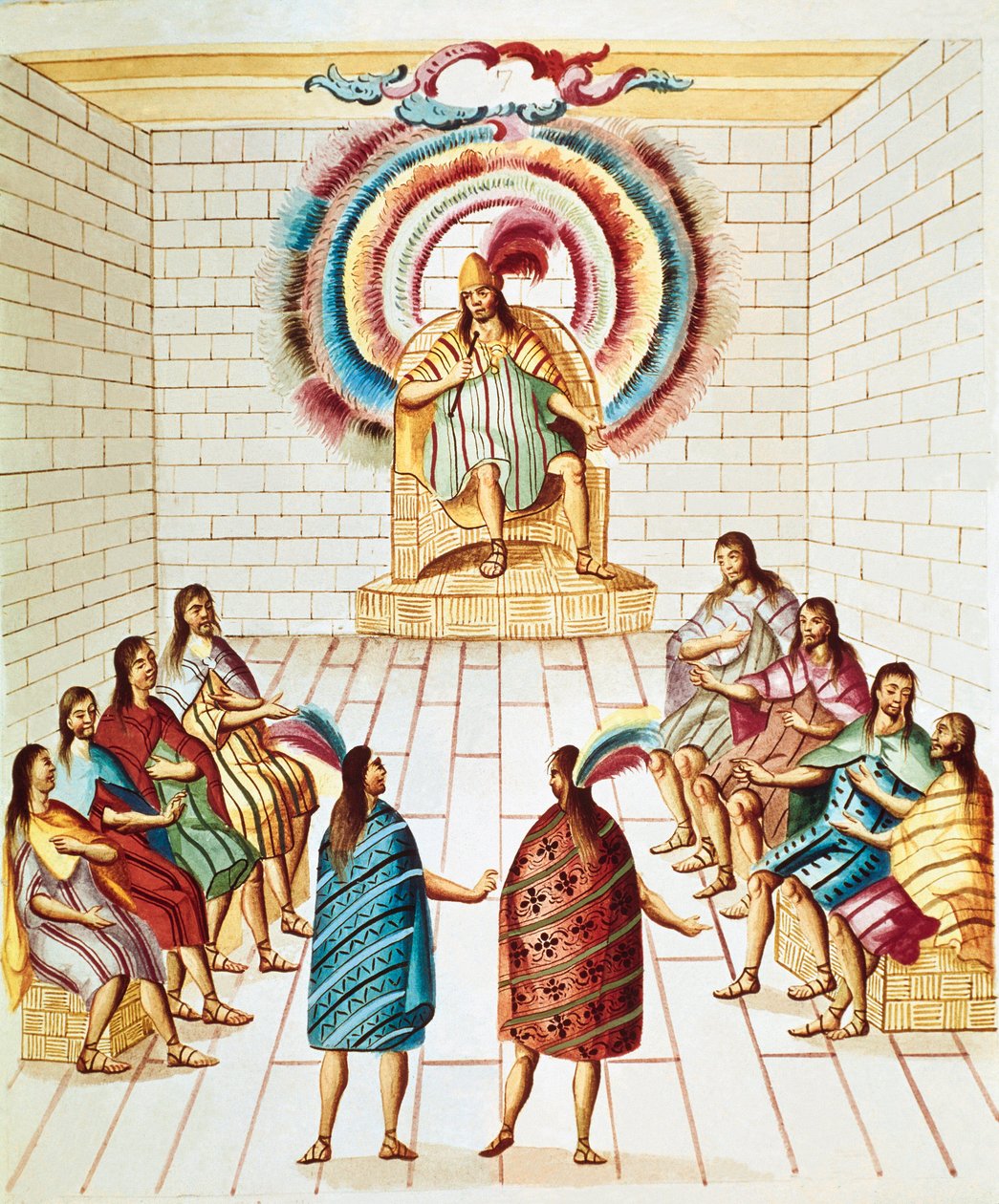 Montezuma (nebo Moctezuma II), aztécký císař (1466-1520) a jeho rada Akvarel nakreslený z „Teatro de la Nueva Espana“ od Diega Garcíi Panes (1730-1811) Mexico City, Národní knihovna od Unknown artist
