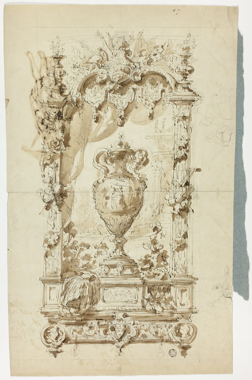 Monumentální váza v ornamentálním rámu (recto); skica stojícího muže s paraplíčkem a papouškem a architektonické studie (verso) od Unknown artist
