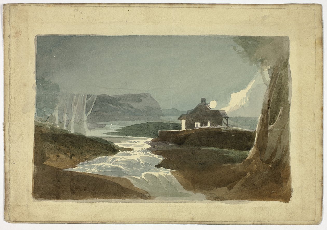 Měsíc nad chalupou u vodopádu (recto); věž a městský dům s doškovou střechou (verso) od Unknown artist