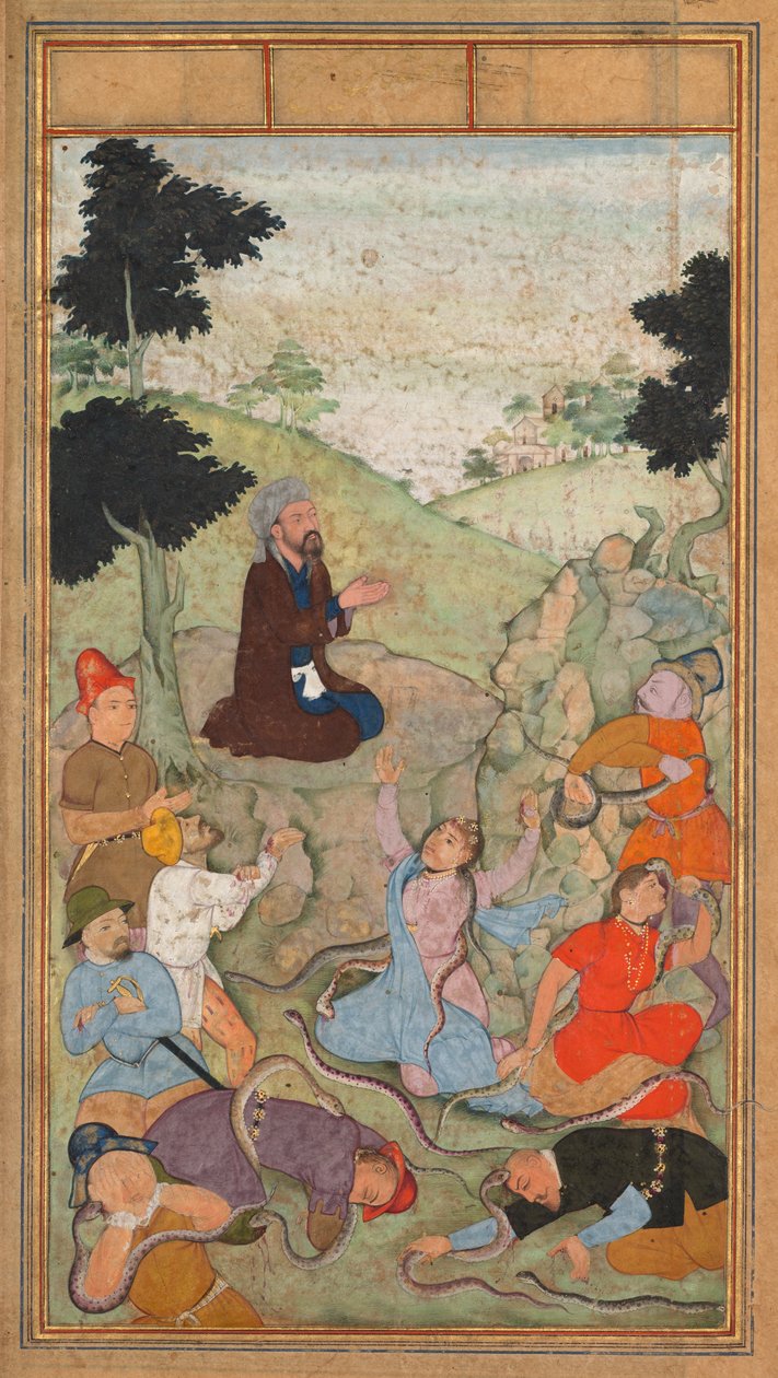 Mojžíš se modlí, aby ukončil útok hadů na Izraelity, ze Zrcadla svatosti (Mir’at al-quds) otce Jeroma Xaviera od Unknown artist