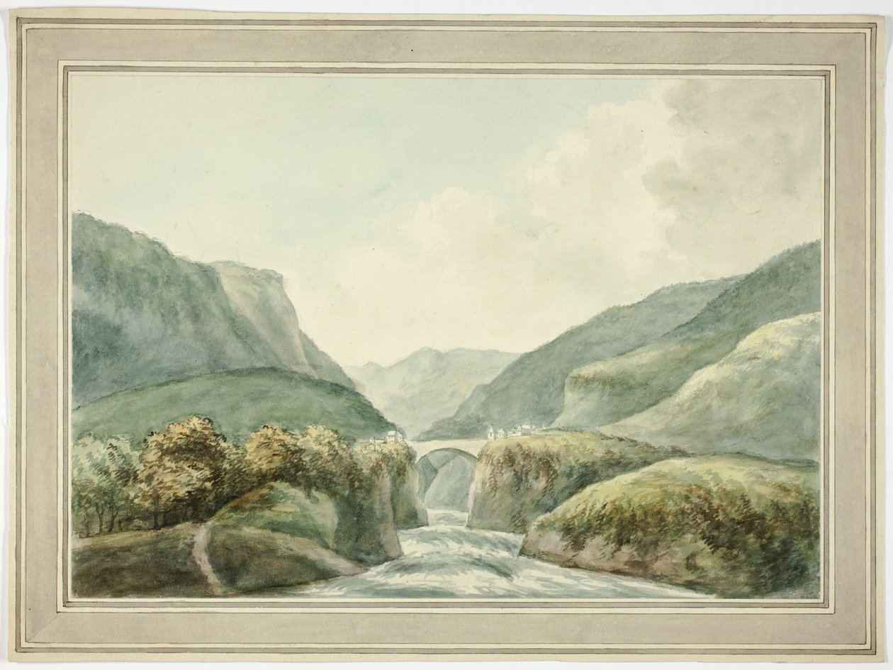 Horské městečko u mostu překlenujícího říčky od Unknown artist