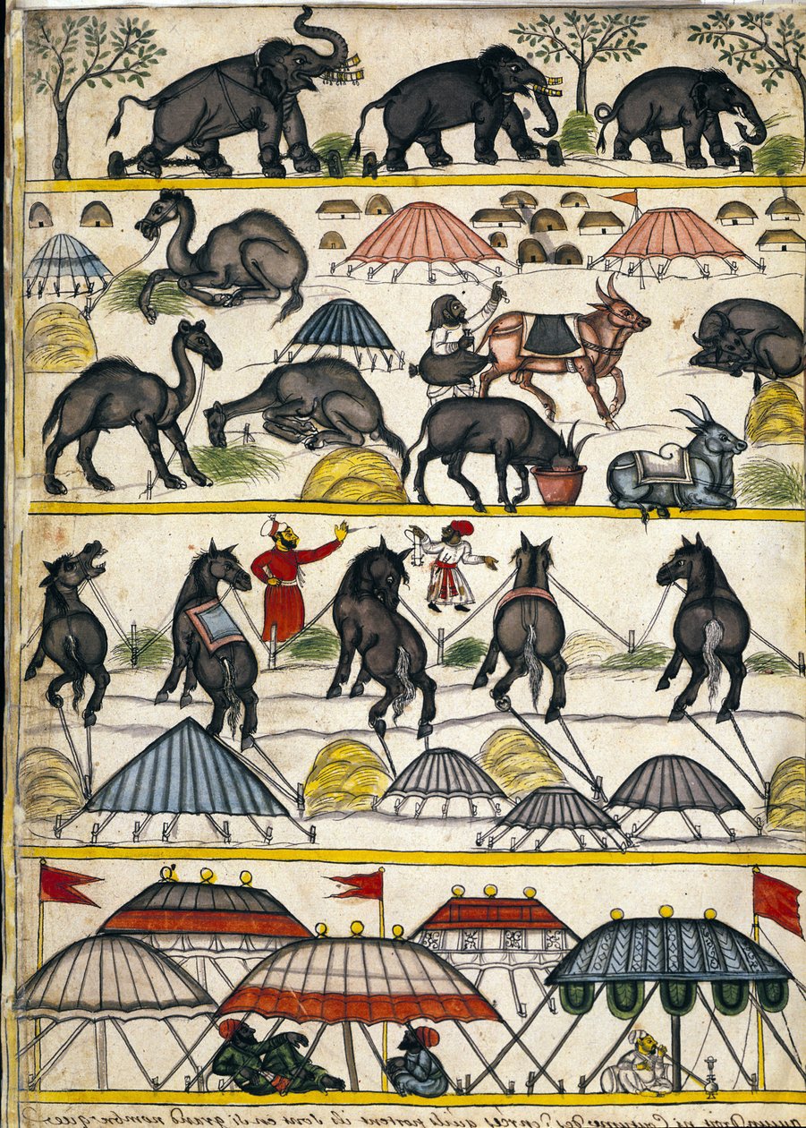 Mughalský vojenský tábor. Stránka z rukopisu (ms.8300) „“Historie Mogolu““ (Moghul nebo Moghol) od Stefana Nivibuse Cardeiry. 18. století. Bibloteca marciana, Benátky od Unknown artist