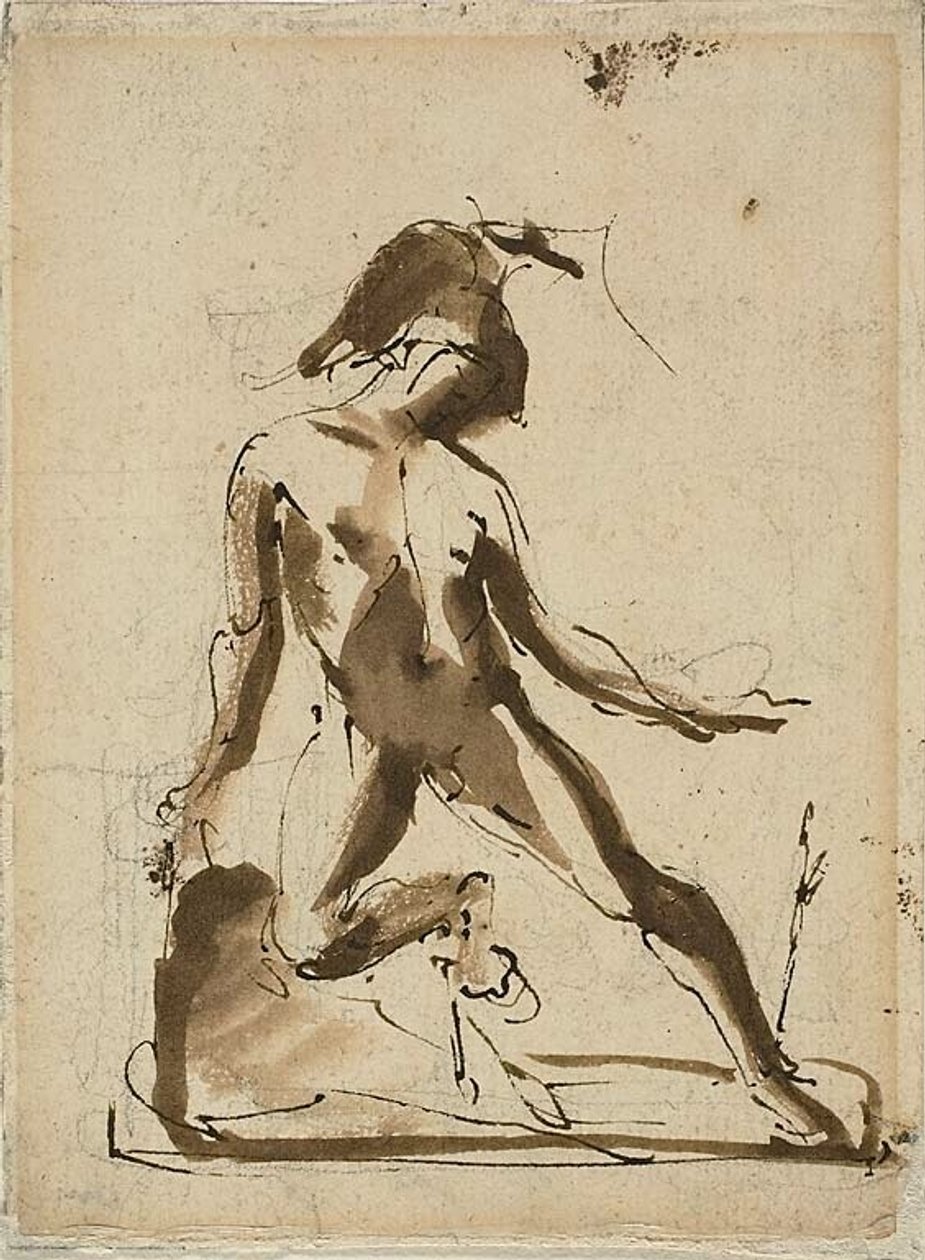 Mytologická postava: Achilles se lví kůží (recto); náčrty postav (verso) od Unknown artist
