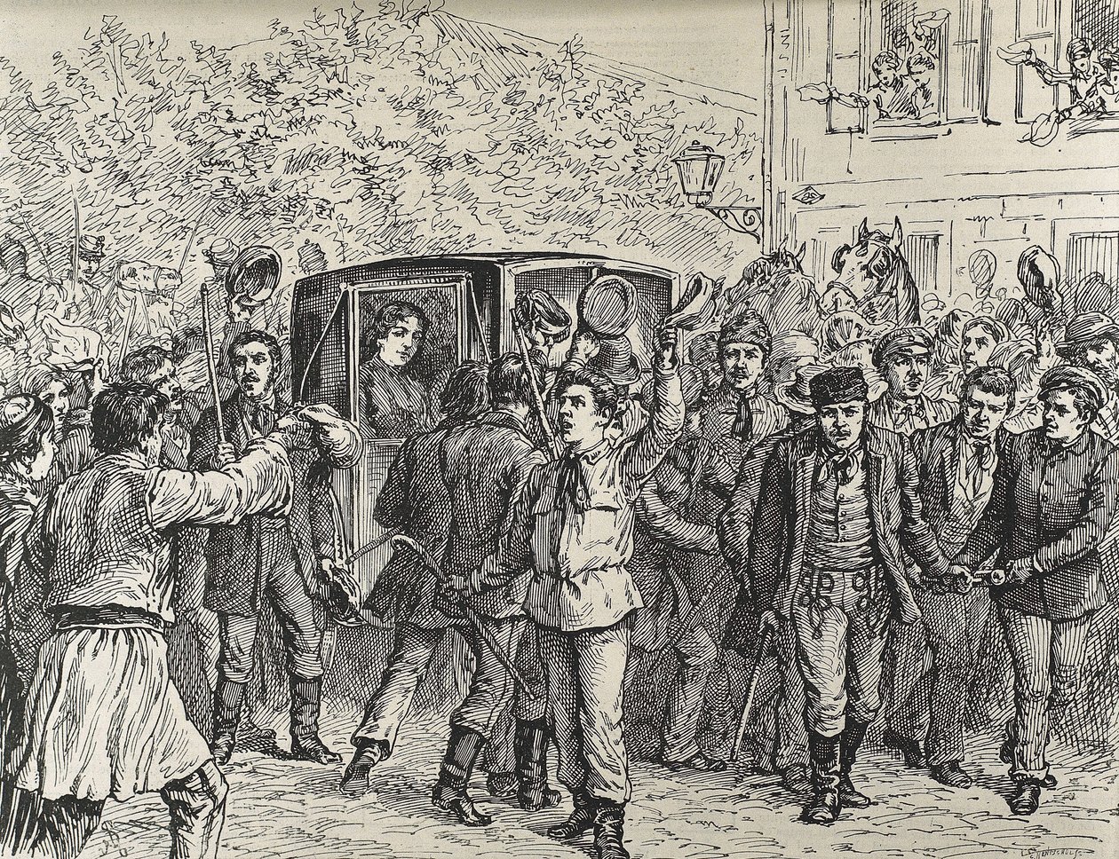 NATALIA Srbská (1859-1941). V letech 1875-1882 srbská kněžna a poté v letech 1882-1889 srbská královna-konzulka, manželka Milana I. Srbského. Vyhnání královny Natálie ze Srbska: studenti zachraňující quuen před četníky. od Unknown artist
