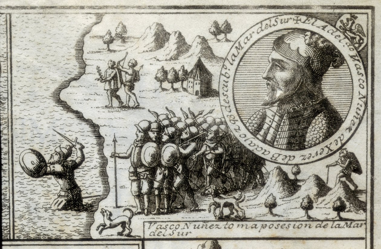NUNEZ DE BALBOA, Vasco (1475-1517). Anglický objevitel a dobyvatel. Španělsko. Španělská kolonizace (1513). Vasco Nunez se zmocňuje Jižního moře. Obrázek z roku 1728. Rytina. od Unknown artist