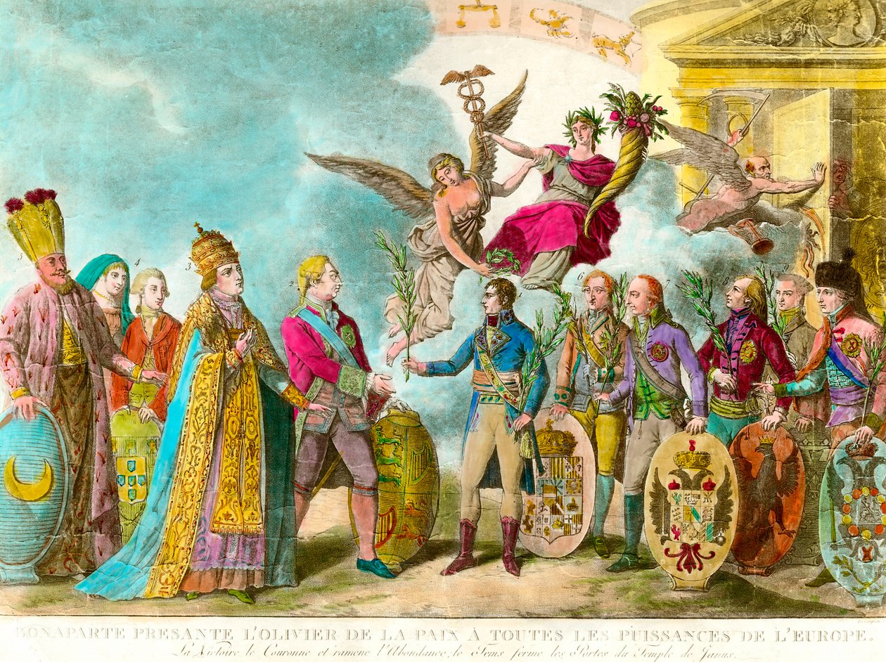 Napoleon Bonaparte (1769-1821) představuje olivovník míru všem mocnostem Evropy. Rytina 1801 Soukromá sbírka od Unknown artist
