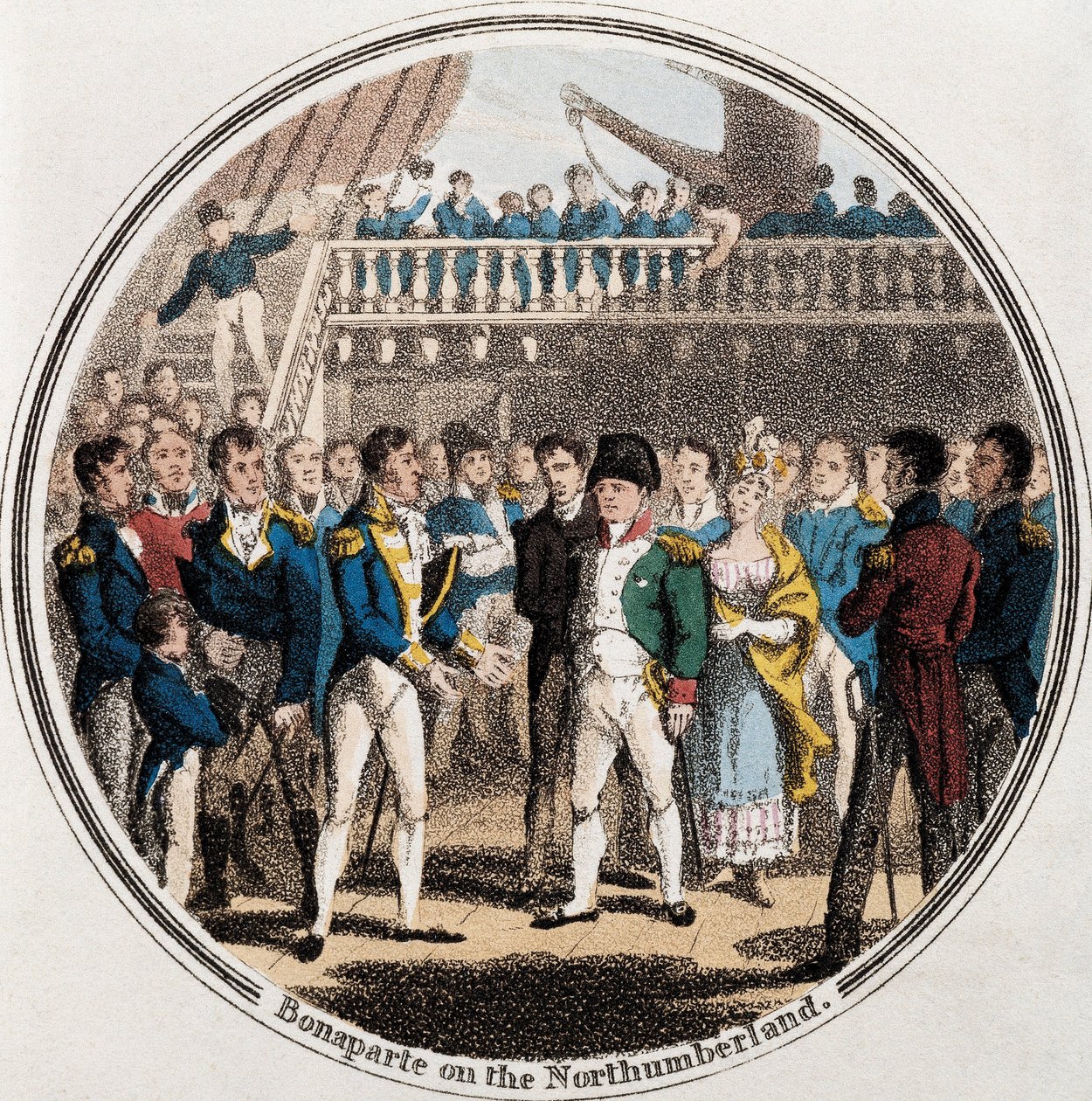 Napoleon Bonaparte a anglický admirál George Cockburn na Northumberlandu v doprovodu madame Bertrand (barevné litho) od Unknown artist