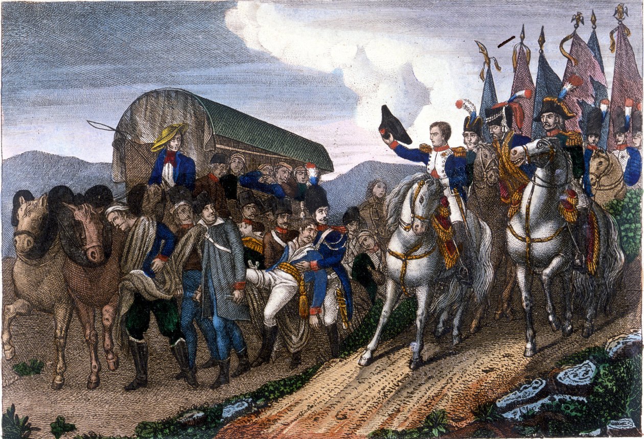 Napoleon zdraví zraněné vojáky. 19. století rytina. od Unknown artist