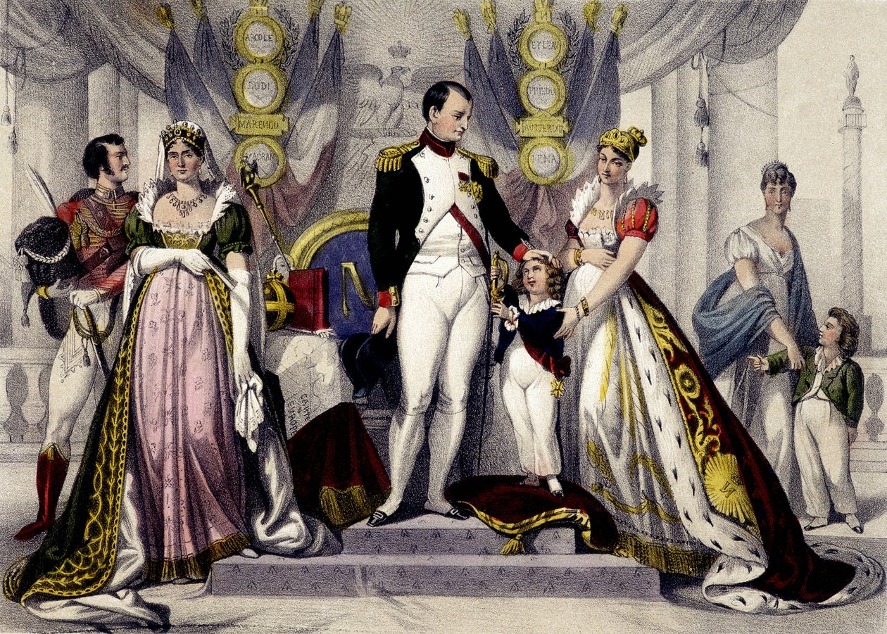 Napoleonská dynastie v letech 1804 až 1815. Josefína, Napoleon I., král římský, Marie Louise. Rytina 19. století. od Unknown artist