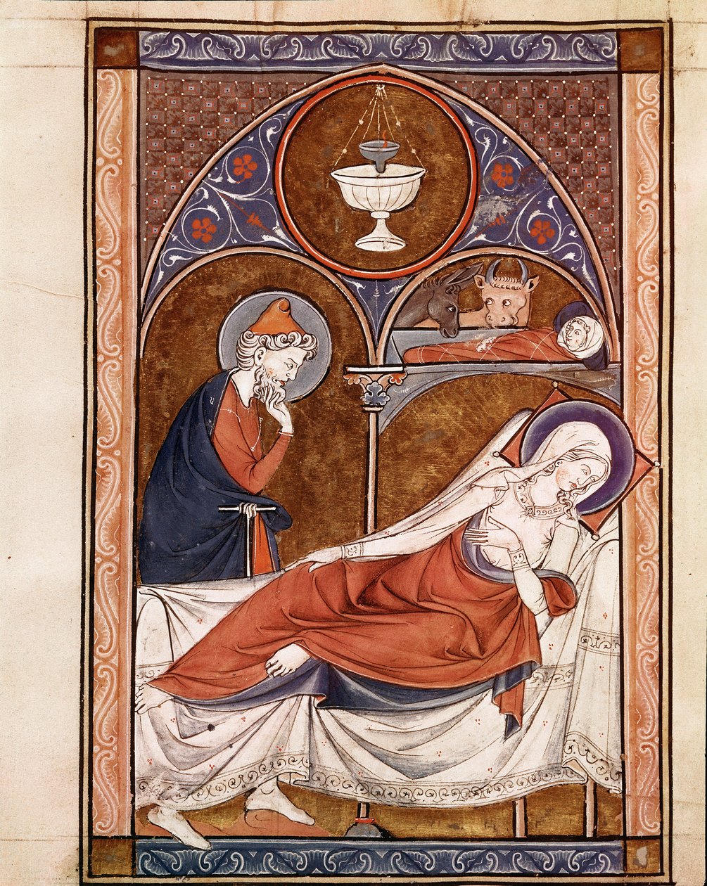 Narození Páně: Panna Maria je zde znázorněna ležící na lůžku Stránka převzata z rukopisu „“ Psalterium Cum Calendario““ Padova ze 13. století, bibliotéka semináře od Unknown artist