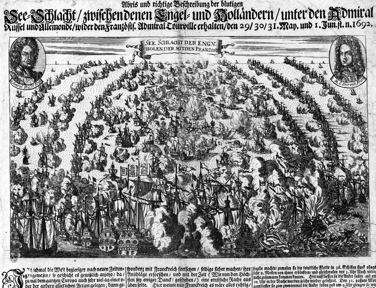 Námořní bitva u La Hougue (1692), která se postavila proti armádě Ludvíka XIV. Rytina. 18. století. od Unknown artist