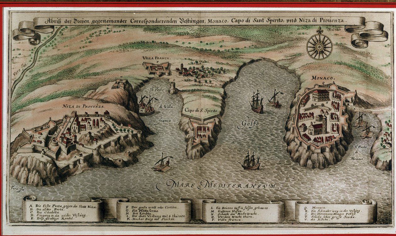 Nice, Villefranche a Monako v 17. století (geografické decoupe) od Unknown artist