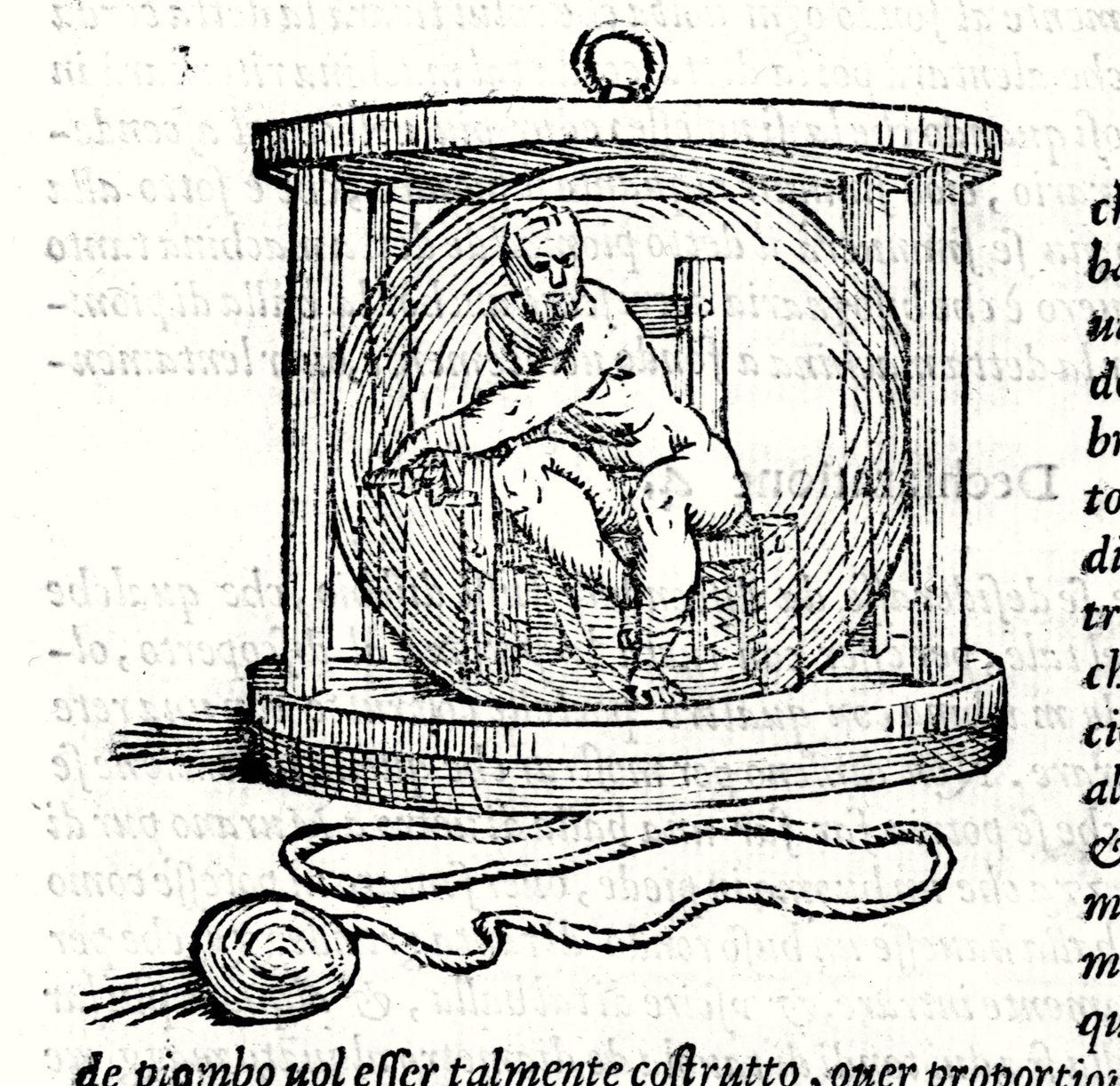 Druhý oblek Nicoli Fontany s názvem Tartaglia (1499 - 1557). Poskytuje křišťálovou kouli, do které se potápěč uzavře. Rytina 16. století. od Unknown artist