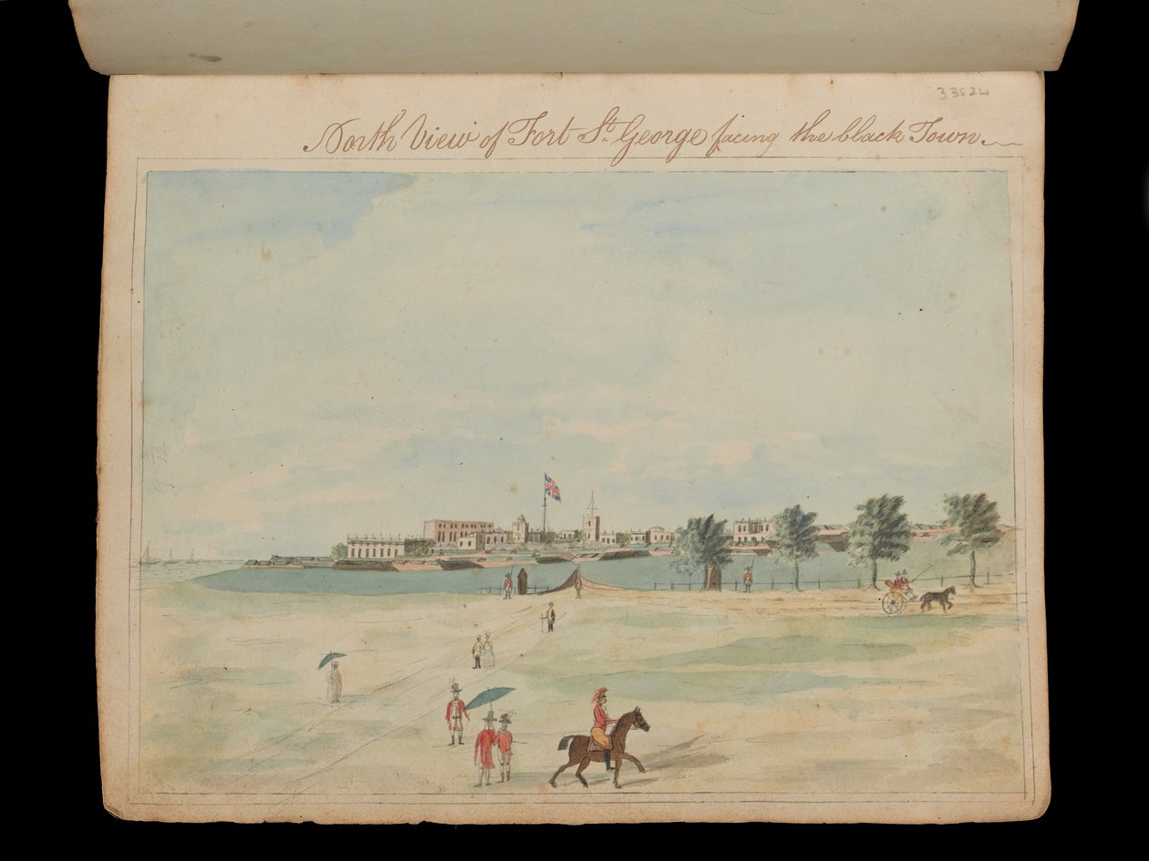 Severní pohled na Fort St George s výhledem na černé město“, cca 1800 (akvarel) od Unknown artist