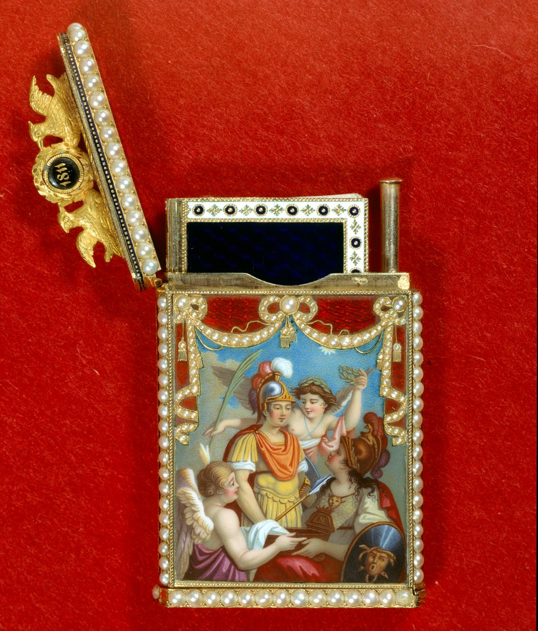Pouzdro na notebook zdobí miniaturní obraz alegorický o narození římského krále Napoleona II., vévody z Reichstadtu (1811-1832), syna císaře Napoleona I. (1769-1821) od Unknown artist