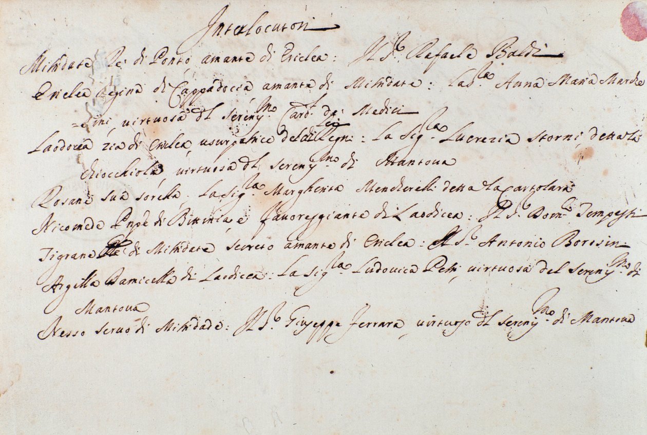 Poznámky k inscenaci opery Mithridate od Giuseppe Aldrovandiniho (1706) od Unknown artist